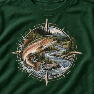 Trout Water Compass T-Shirt — detail — AI design mockup