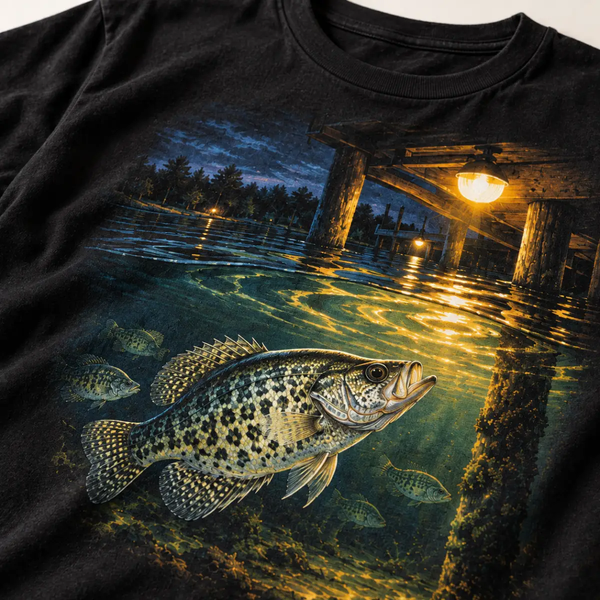 Crappie Dock Lights T-Shirt — detail — AI design mockup