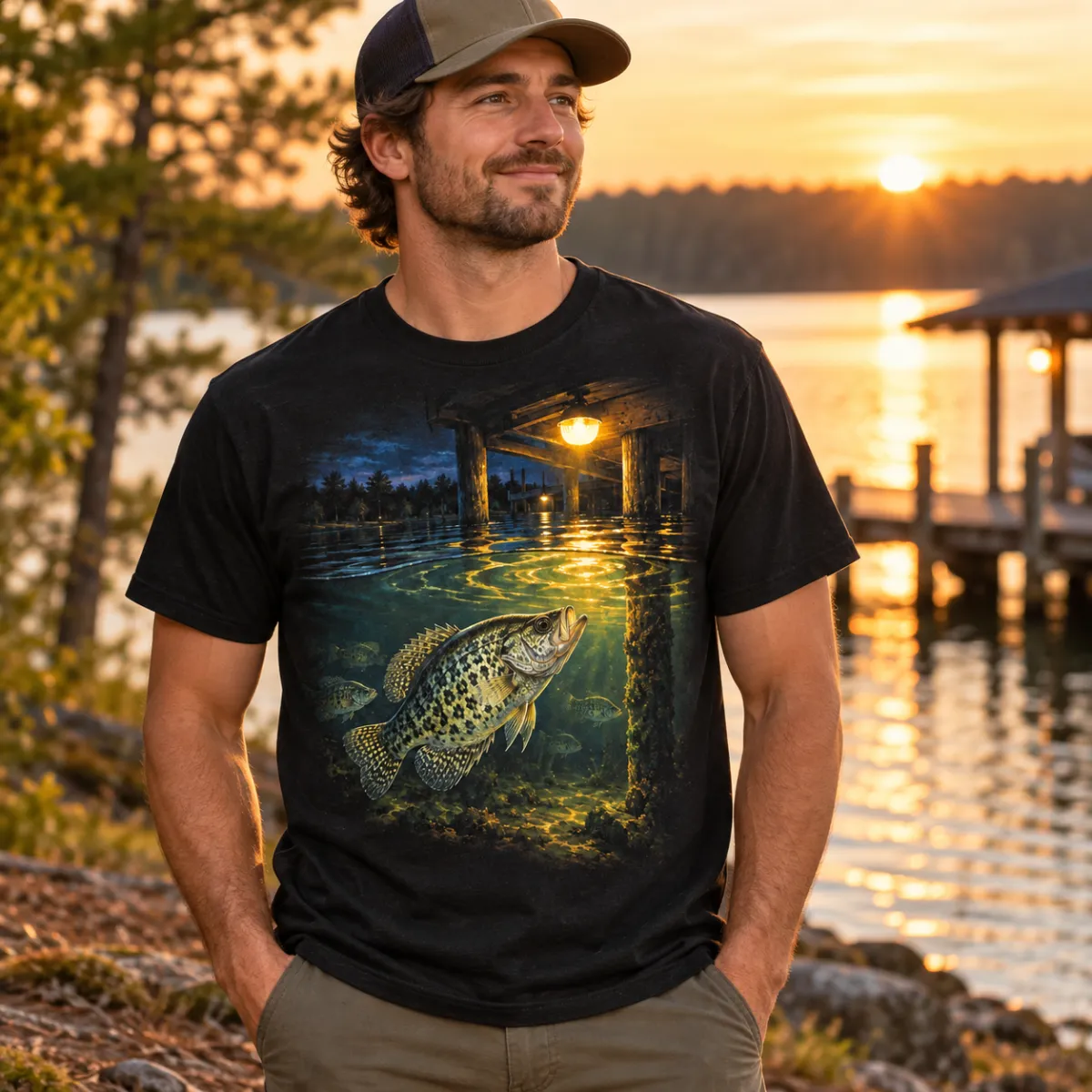 Crappie Dock Lights T-Shirt — lifestyle — AI design mockup