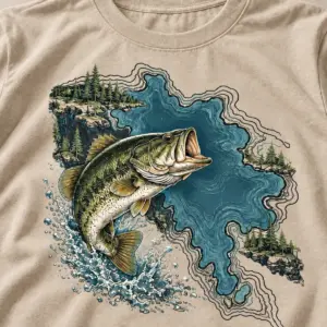 Lake Map Bass Camp T-Shirt — detail — AI design mockup