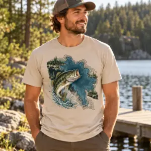 Lake Map Bass Camp T-Shirt — lifestyle — AI design mockup