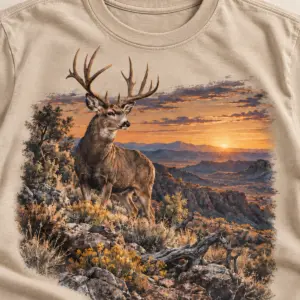 Mule Deer High Desert T-Shirt — detail — AI design mockup