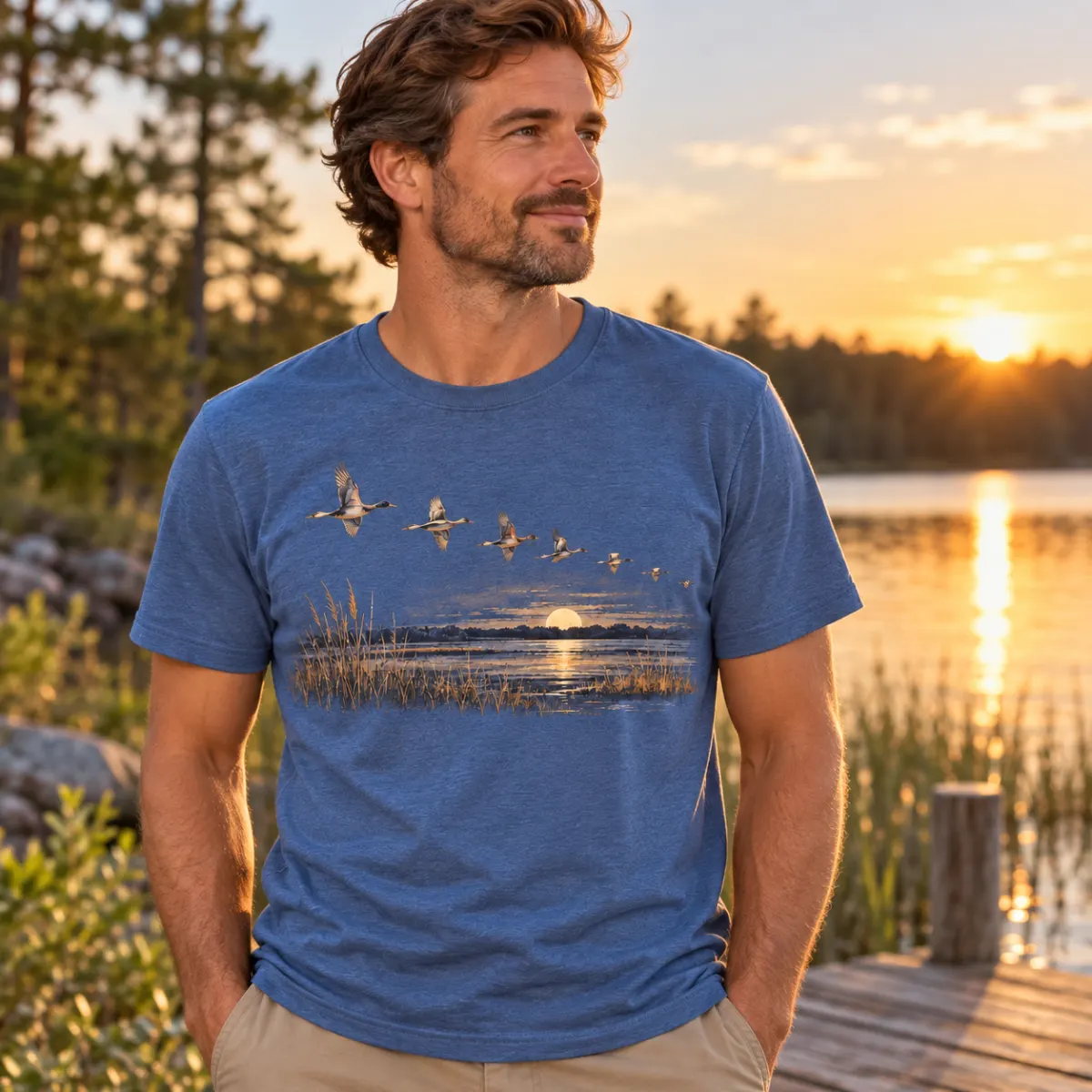 Waterfowl Migration Line T-Shirt — lifestyle — AI design mockup
