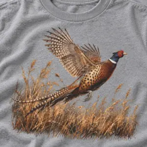 Pheasant Grassland Flush T-Shirt — detail — AI design mockup