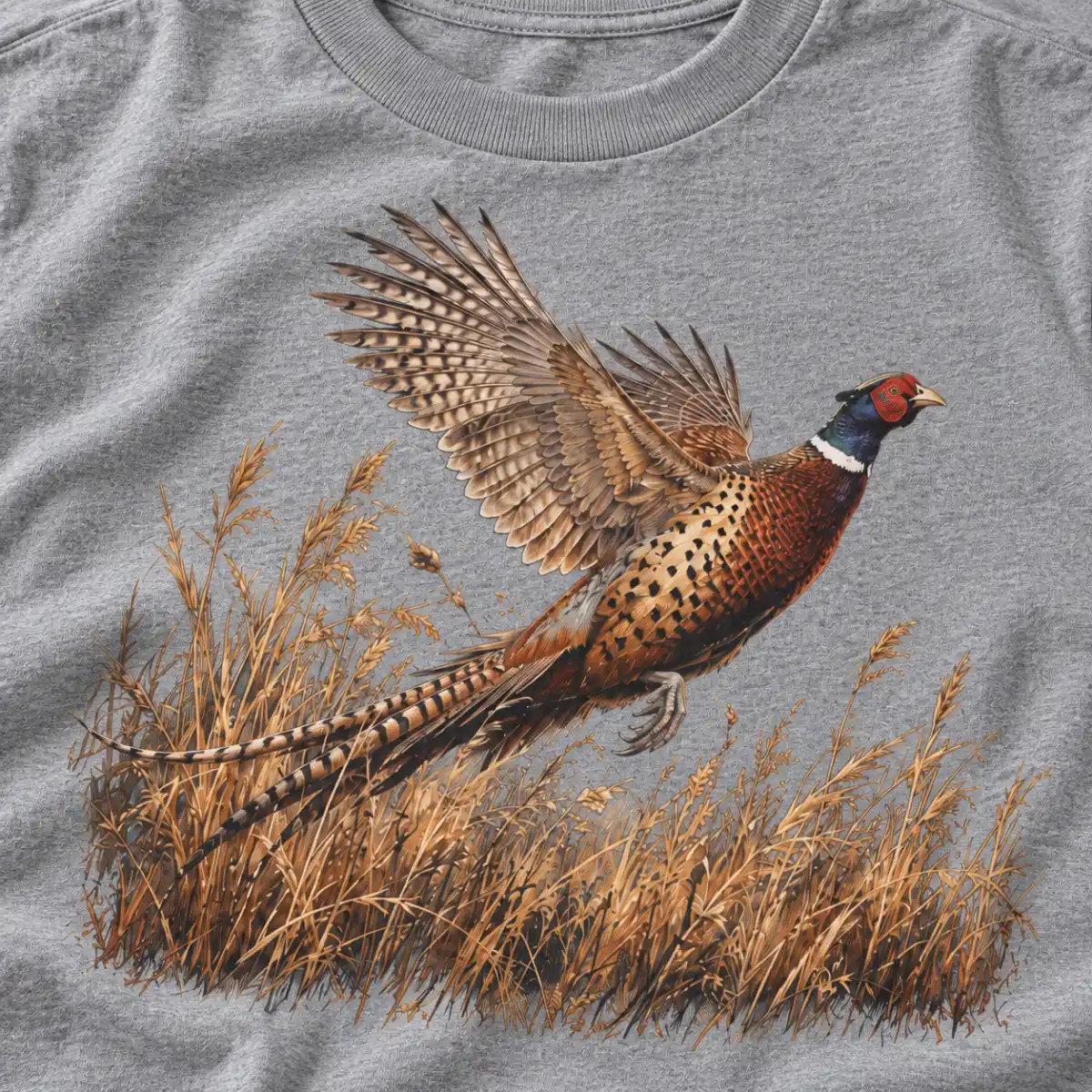 Pheasant Grassland Flush T-Shirt — detail — AI design mockup