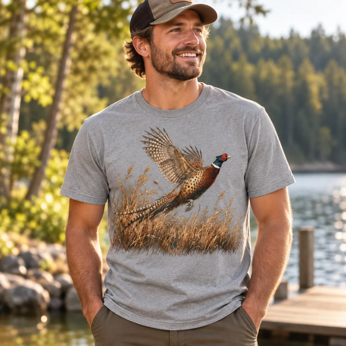 Pheasant Grassland Flush T-Shirt — lifestyle — AI design mockup