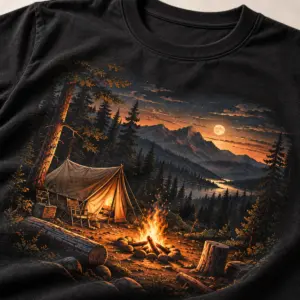 Hunting Camp Firelight T-Shirt — detail — AI design mockup