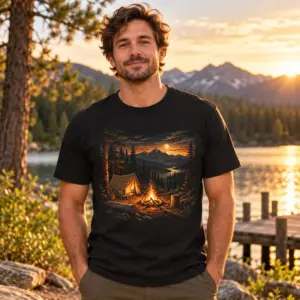 Hunting Camp Firelight T-Shirt — lifestyle — AI design mockup