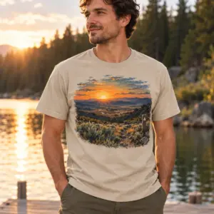 Public Land Sunrise T-Shirt — lifestyle — AI design mockup