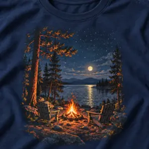 Campfire Lake Weekend T-Shirt — detail — AI design mockup