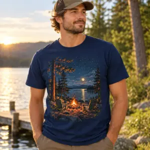 Campfire Lake Weekend T-Shirt — lifestyle — AI design mockup