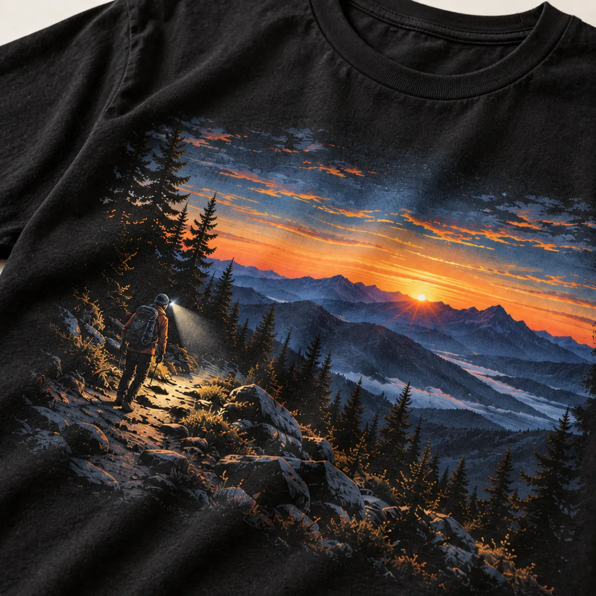 Trailhead Before Sunrise T-Shirt — detail — AI design mockup