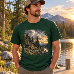 Cabin Weather T-Shirt — lifestyle — AI design mockup