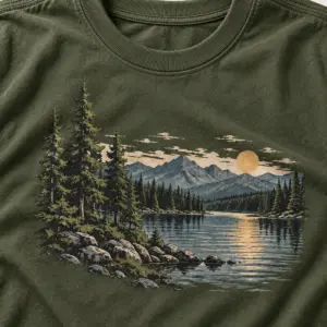Forest Lake Coordinates T-Shirt — detail — AI design mockup
