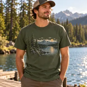 Forest Lake Coordinates T-Shirt — lifestyle — AI design mockup