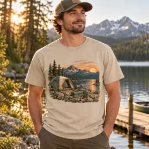 Weekend Basecamp T-Shirt — lifestyle — AI design mockup