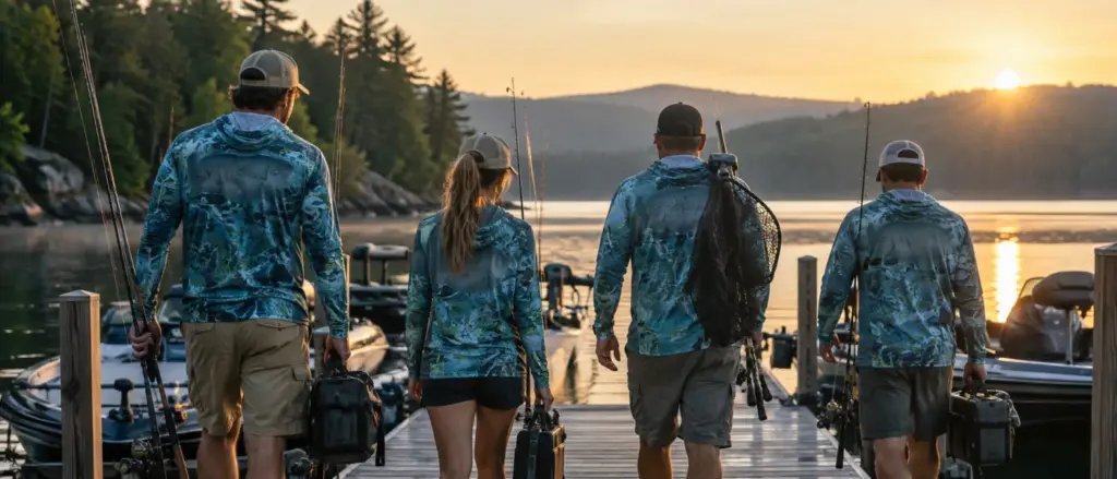 Fishing crew in matching personalized shirts on a dock — illustrative AI image