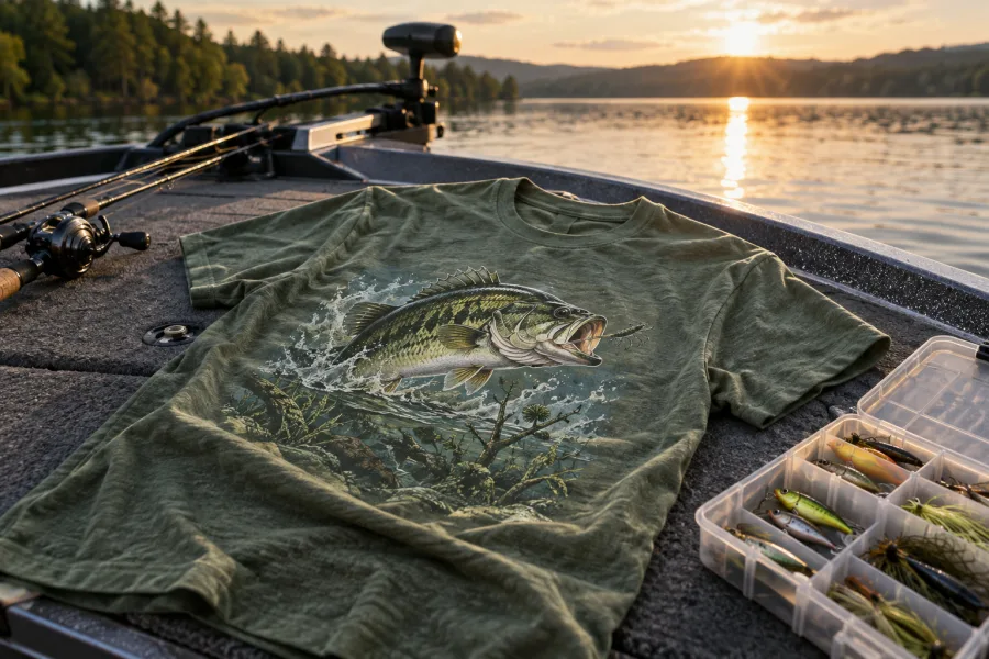 Bass fishing shirts laid out on a boat deck — illustrative AI image