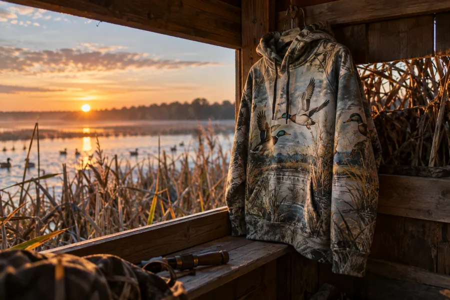 Waterfowl and deer hunting shirts at a duck blind — illustrative AI image