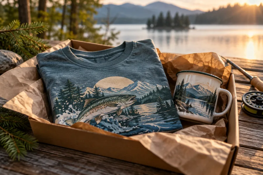 Gift set of a fishing tee and camp mug — illustrative AI image