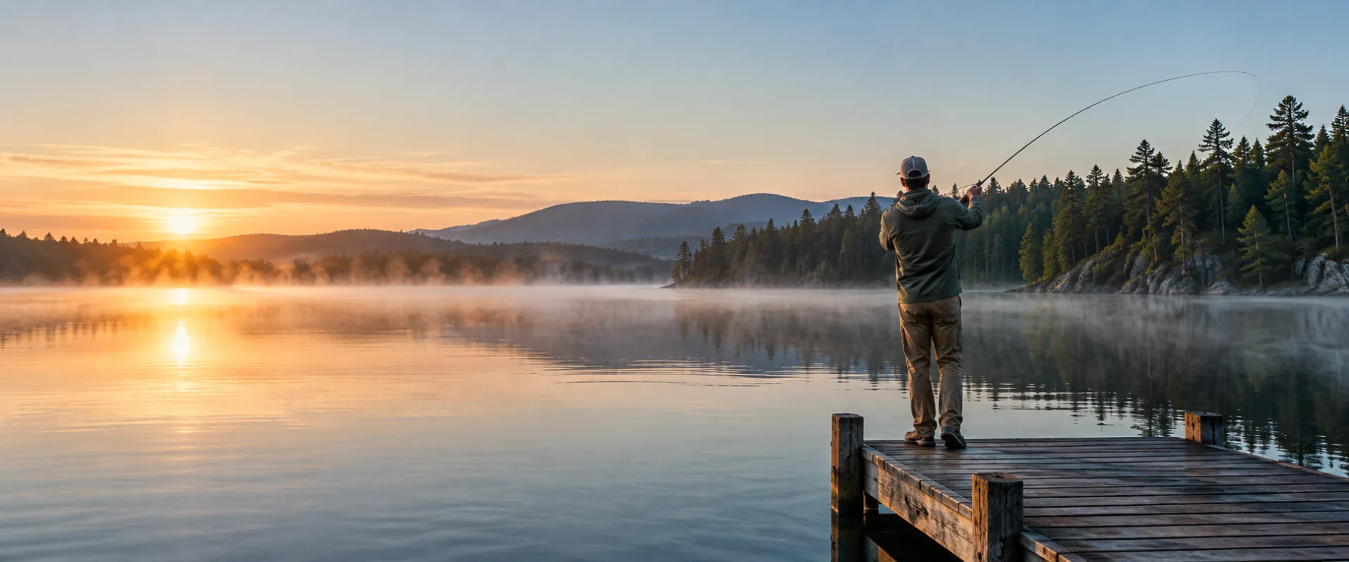 Angler casting from a lake dock at sunrise wearing a Field and Reel long sleeve shirt — illustrative AI image